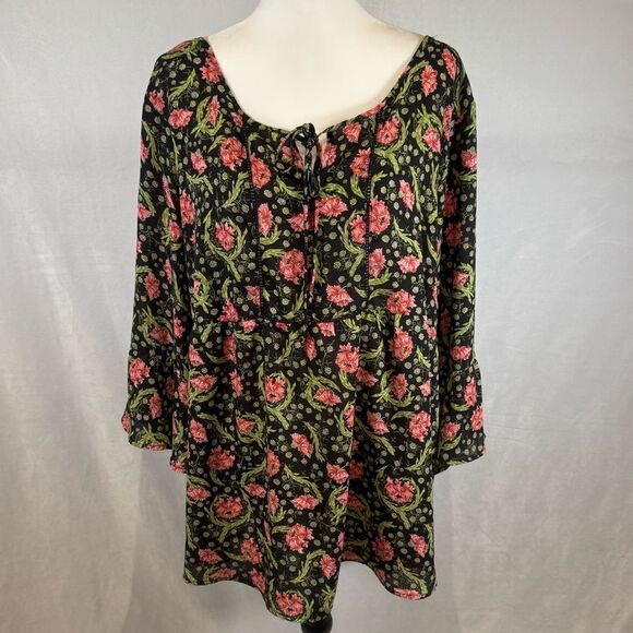 Black and red floral print long sleeve flowy oversized top size 1X - Picture 1 of 6